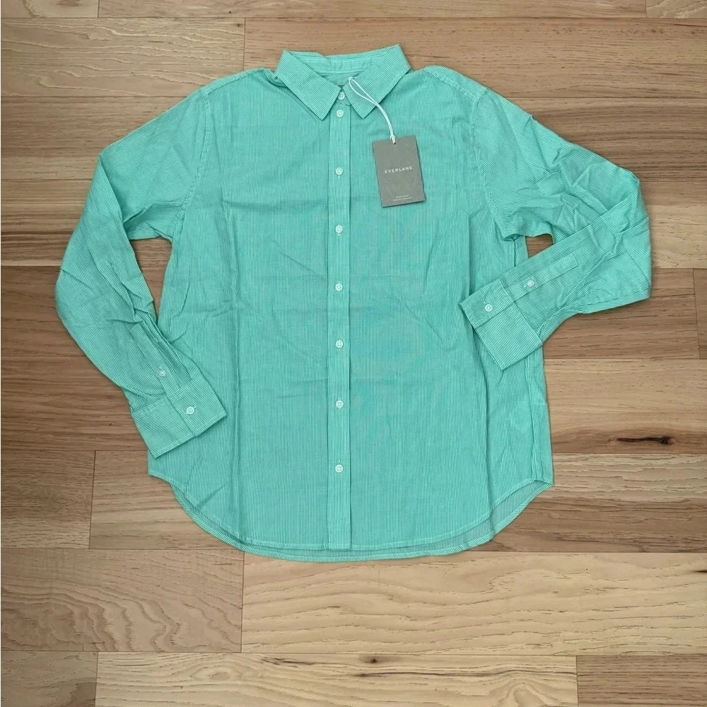 New Everlane Long Sleeve Green Pinstripe Button Front Top Size 6